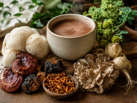 Functional mushrooms and adaptogenic herbs used in Clearly Not Coffee displayed beside a warm cacao wellness drink