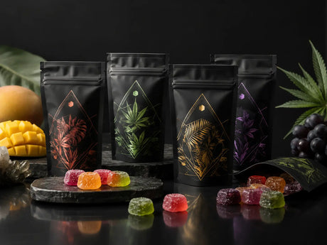 Premium HHC gummies in colorful flavors displayed in modern cannabinoid wellness packaging on a luxury dark background