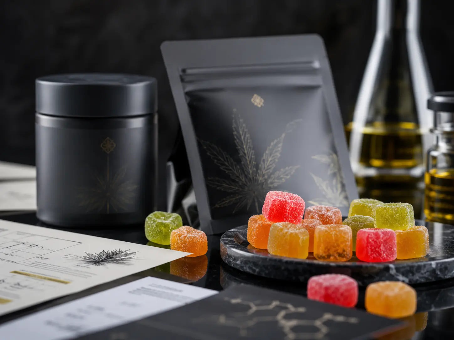 Premium HHC gummies with cannabinoid packaging and laboratory quality reports in a modern smartshop setting