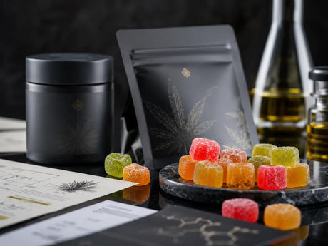 Premium HHC gummies with cannabinoid packaging and laboratory quality reports in a modern smartshop setting