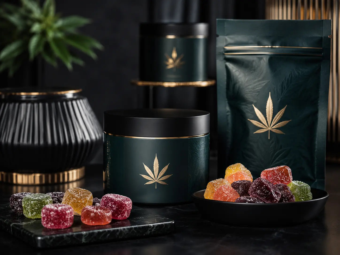 Colorful THC gummies in premium cannabinoid packaging displayed in a modern Dutch smartshop style setting