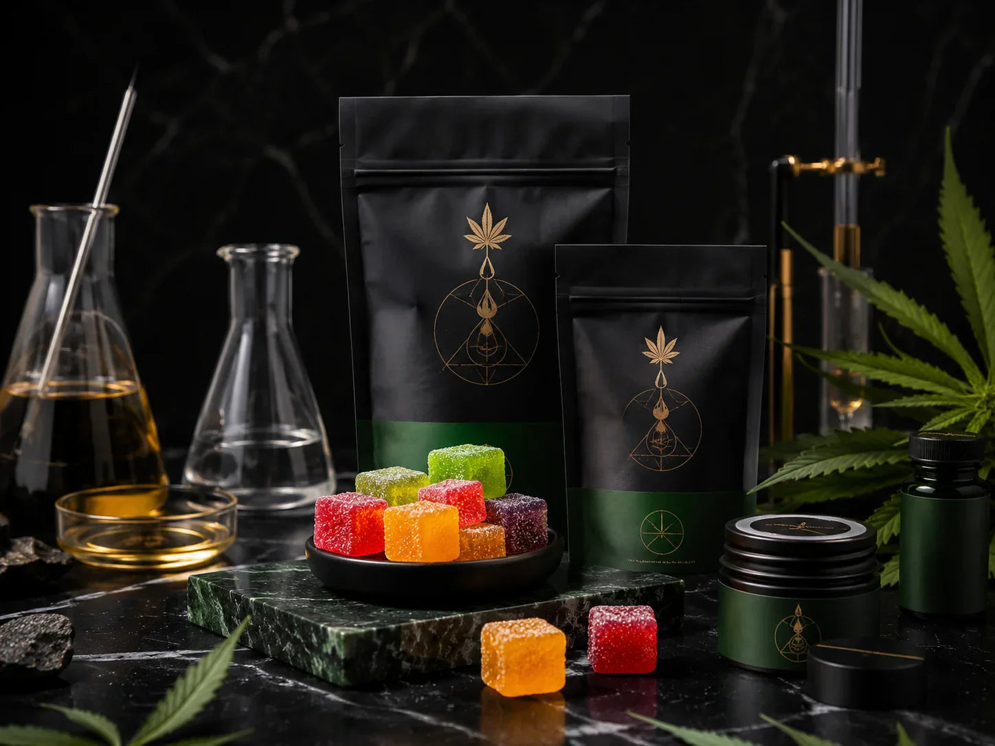 Premium THC gummies with modern cannabinoid packaging displayed in a luxury Dutch smartshop style setting