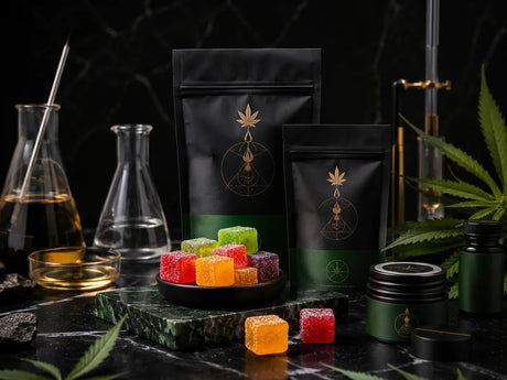 Premium THC gummies with modern cannabinoid packaging displayed in a luxury Dutch smartshop style setting