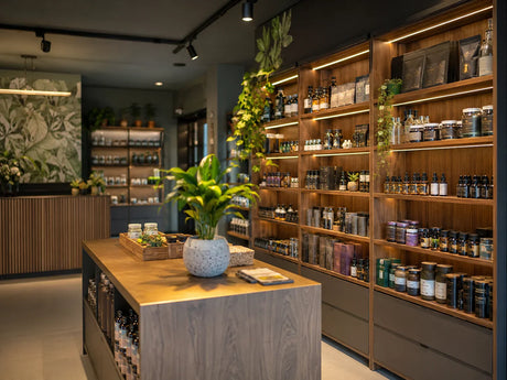 Modern Dutch smartshop interior with botanical wellness products, cannabinoids and natural supplements displayed on minimalist shelves