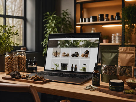 Modern online smartshop setup with botanical wellness products, CBD oils and smartshop supplements beside a webshop interface