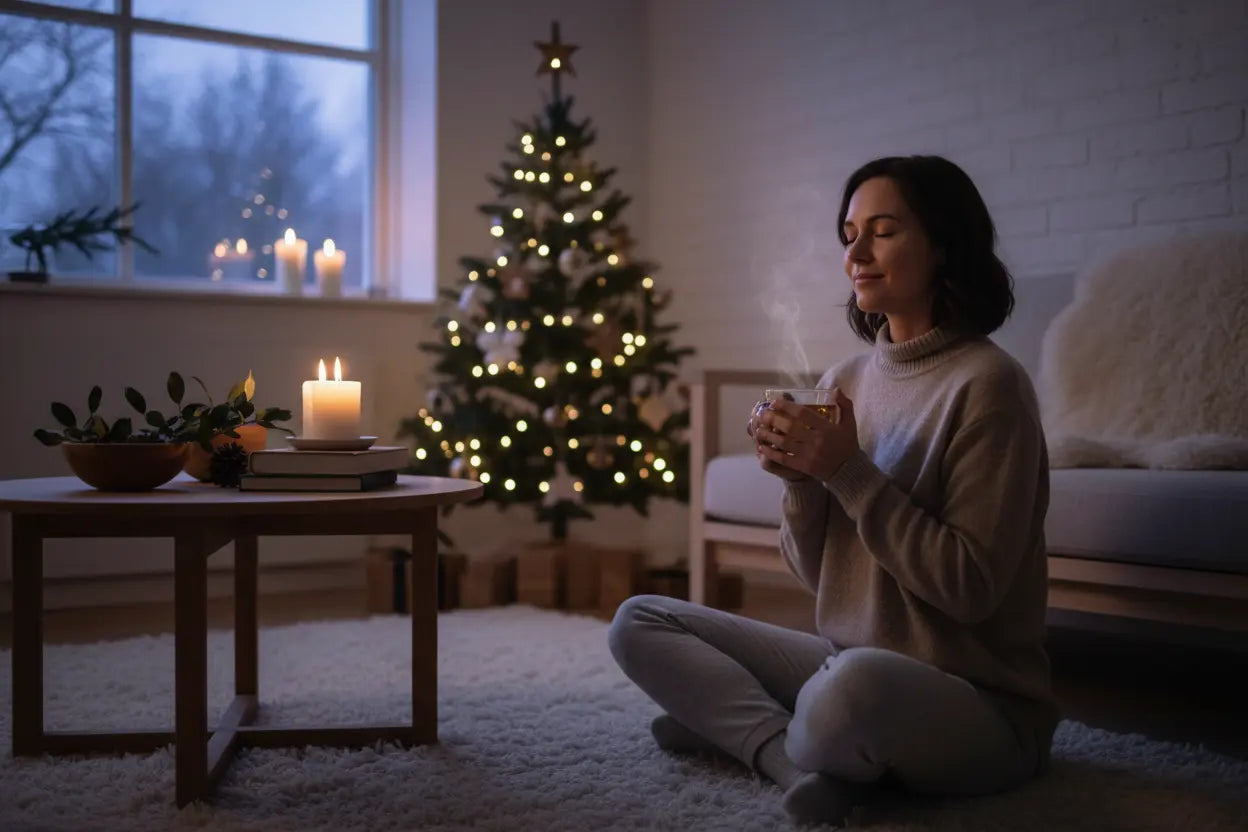 Rustgevend winterritueel thuis met kaarslicht en subtiele kerstdecoratie