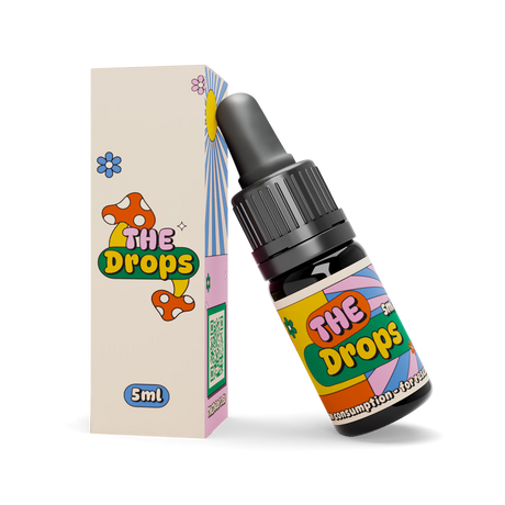 Het iconische flesje van The Drops (4-HO-MET paddo druppels) in de premium Dr. Smartshop verpakking