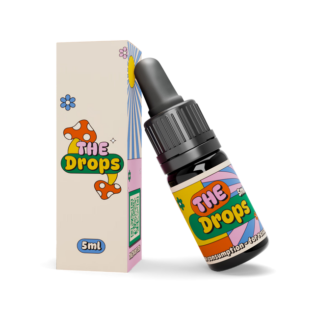 Het iconische flesje van The Drops (4-HO-MET paddo druppels) in de premium Dr. Smartshop verpakking